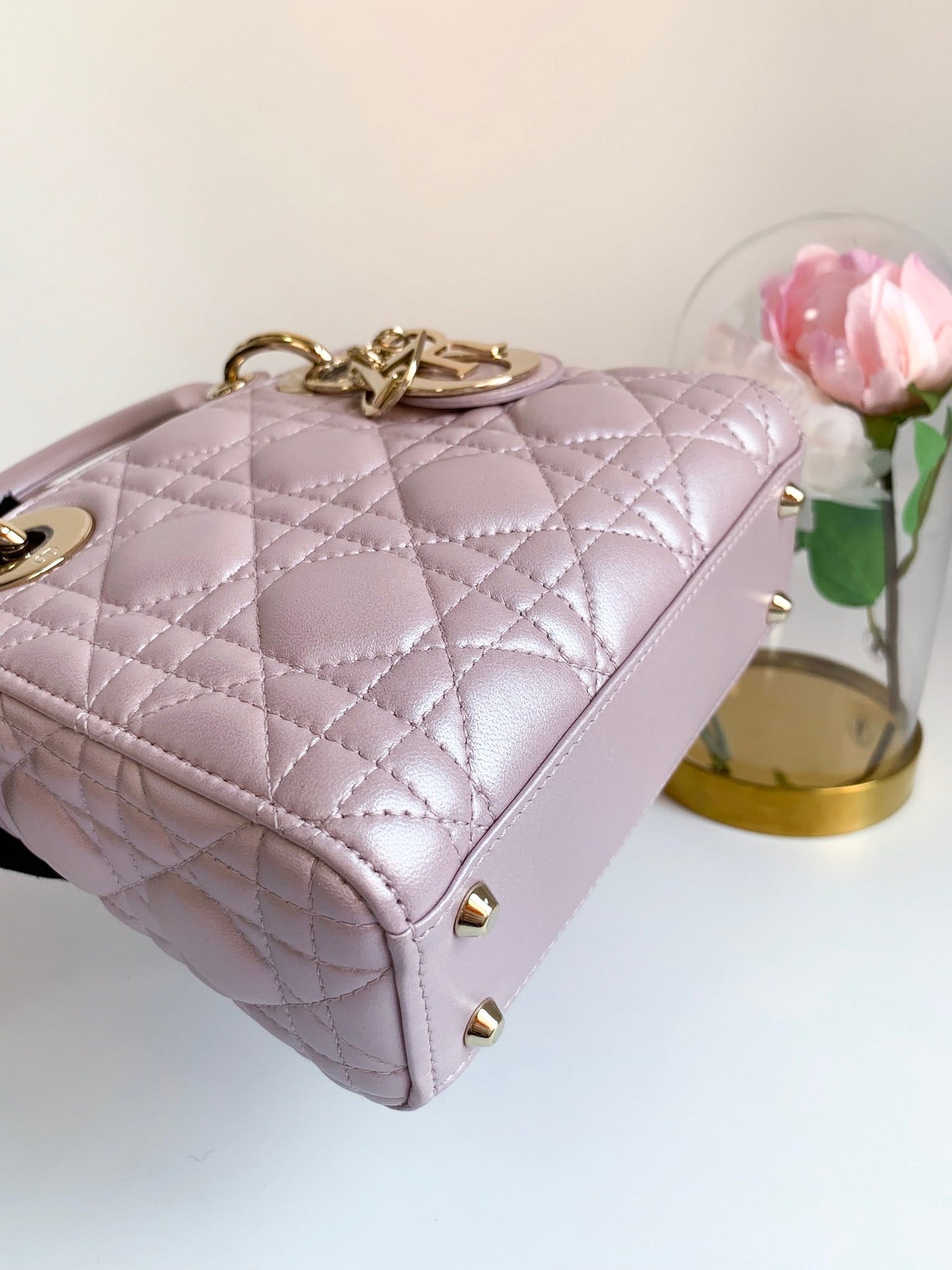 Christian Dior Metallic Calfskin Cannage Mini Lady Dior Pink