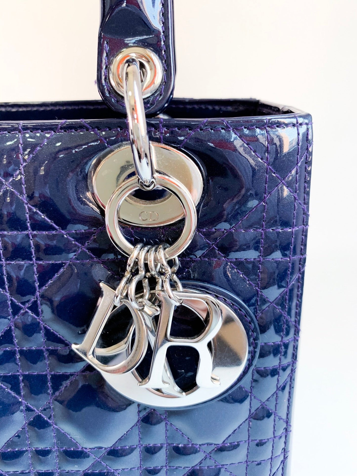 Christian Dior Patent Cannage Medium Lady Dior Navy Blue Silver Hardware