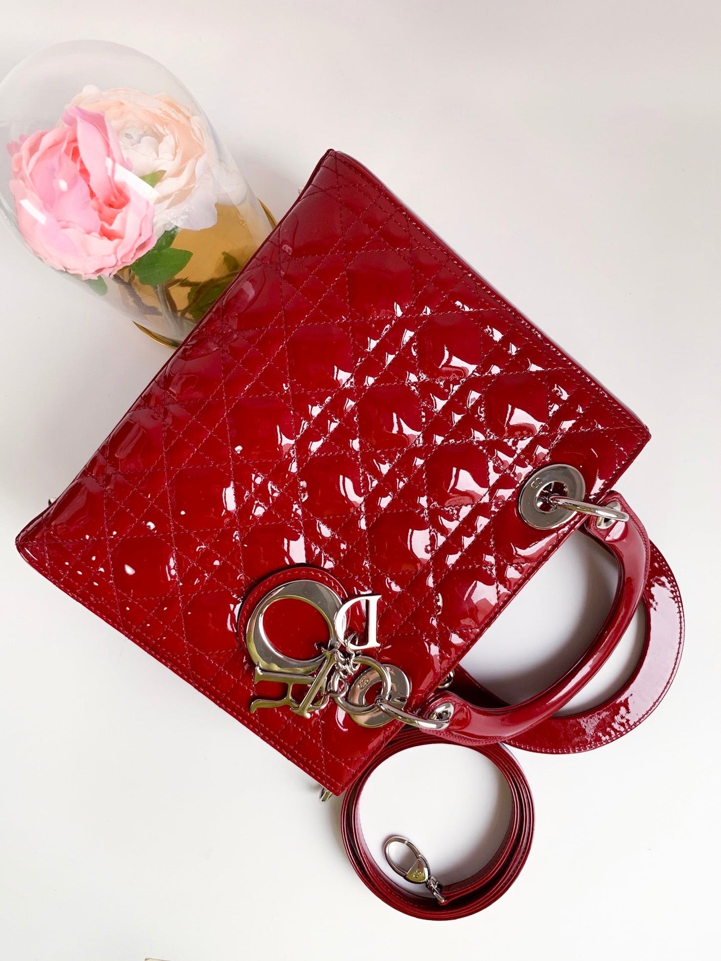 Christian Dior Patent Cannage Medium Lady Dior Red Silver Hardware