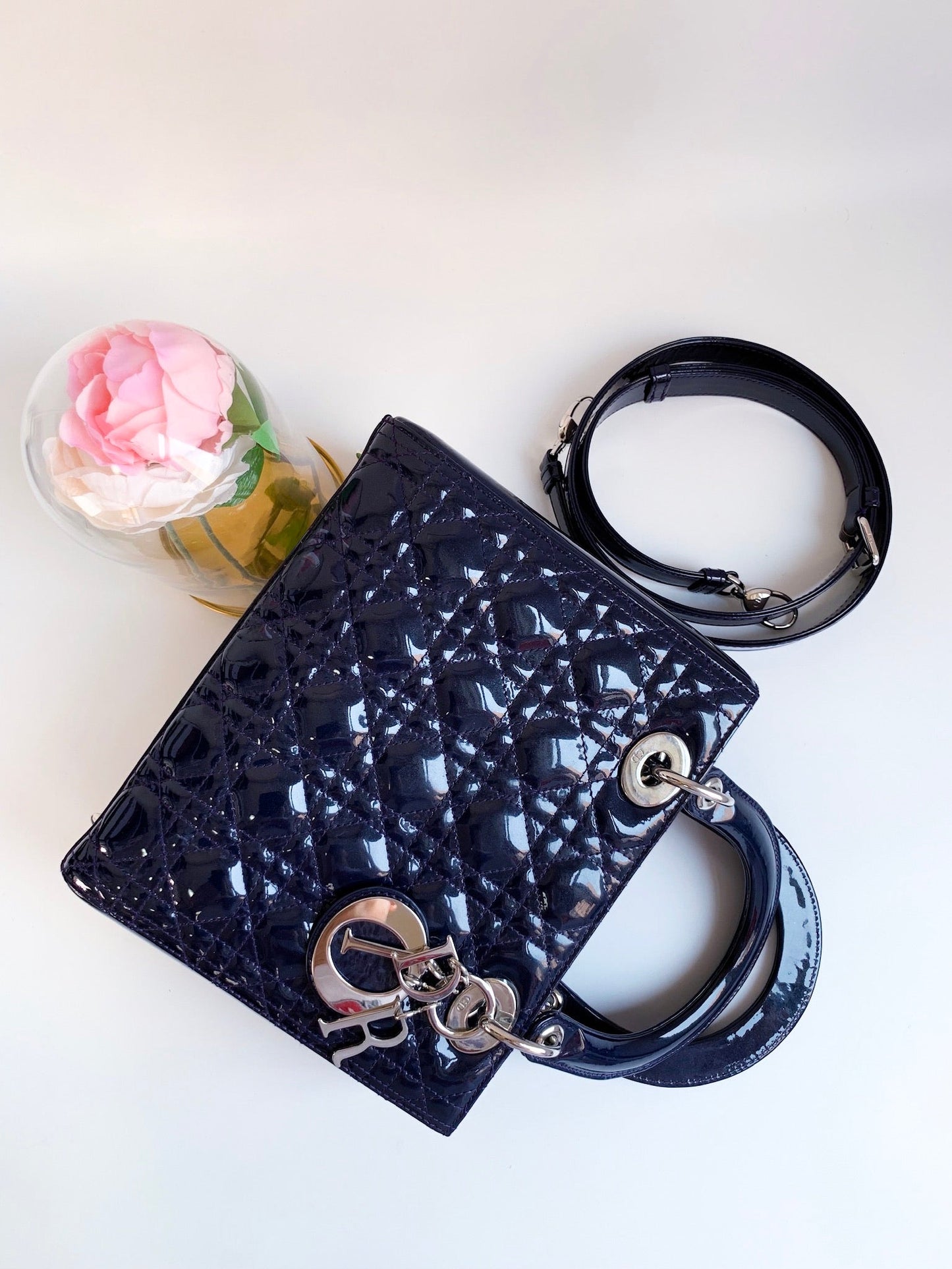 Christian Dior Patent Cannage Medium Lady Dior Navy Blue Silver Hardware