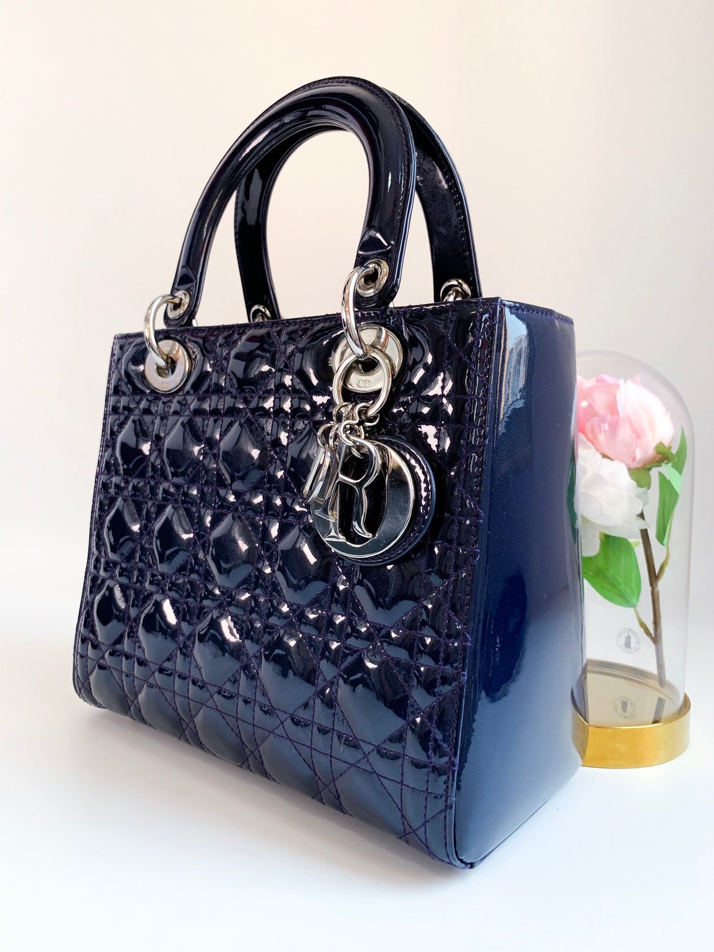 Christian Dior Patent Cannage Medium Lady Dior Navy Blue Silver Hardware