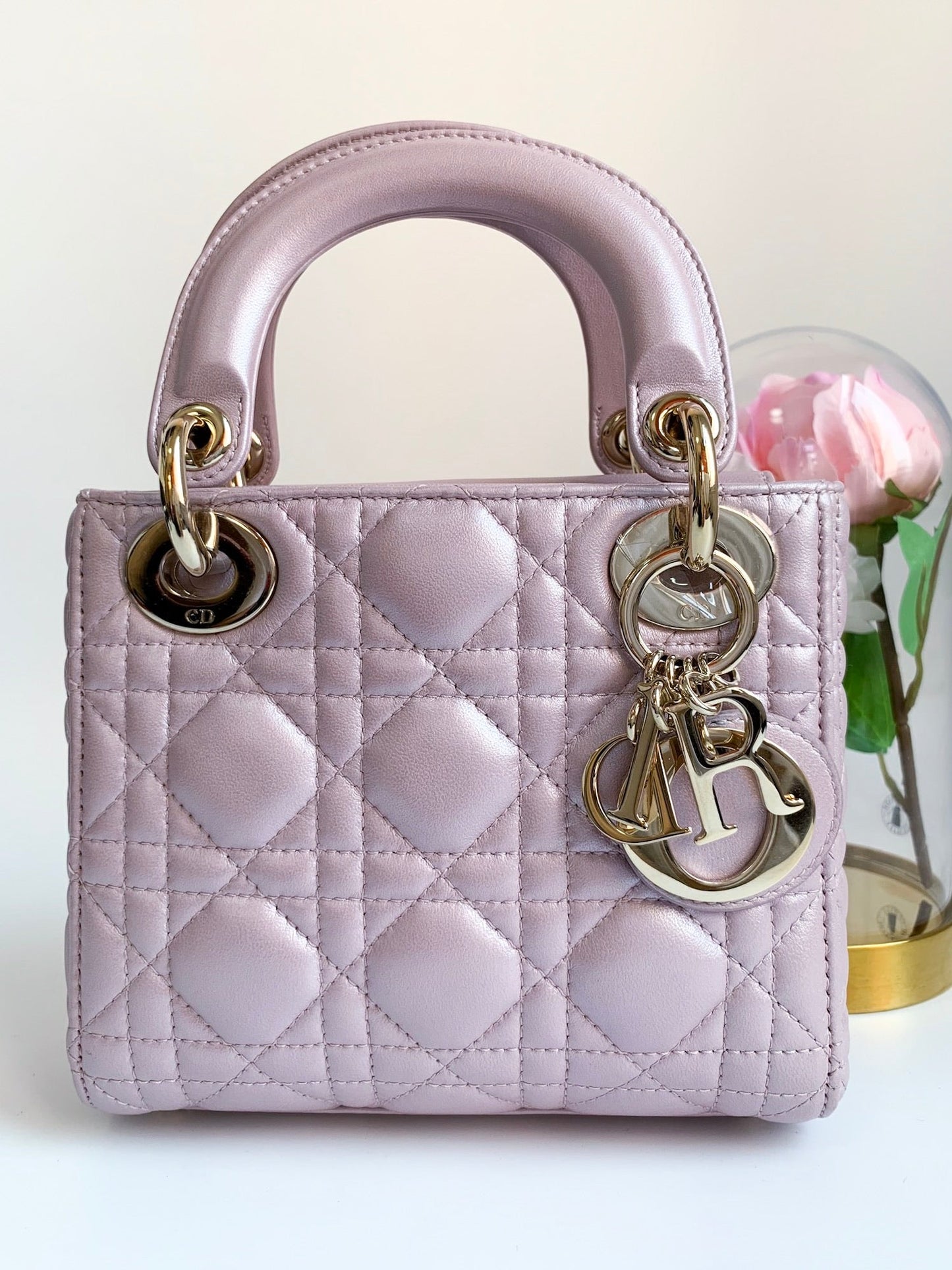 Christian Dior Metallic Calfskin Cannage Mini Lady Dior Pink