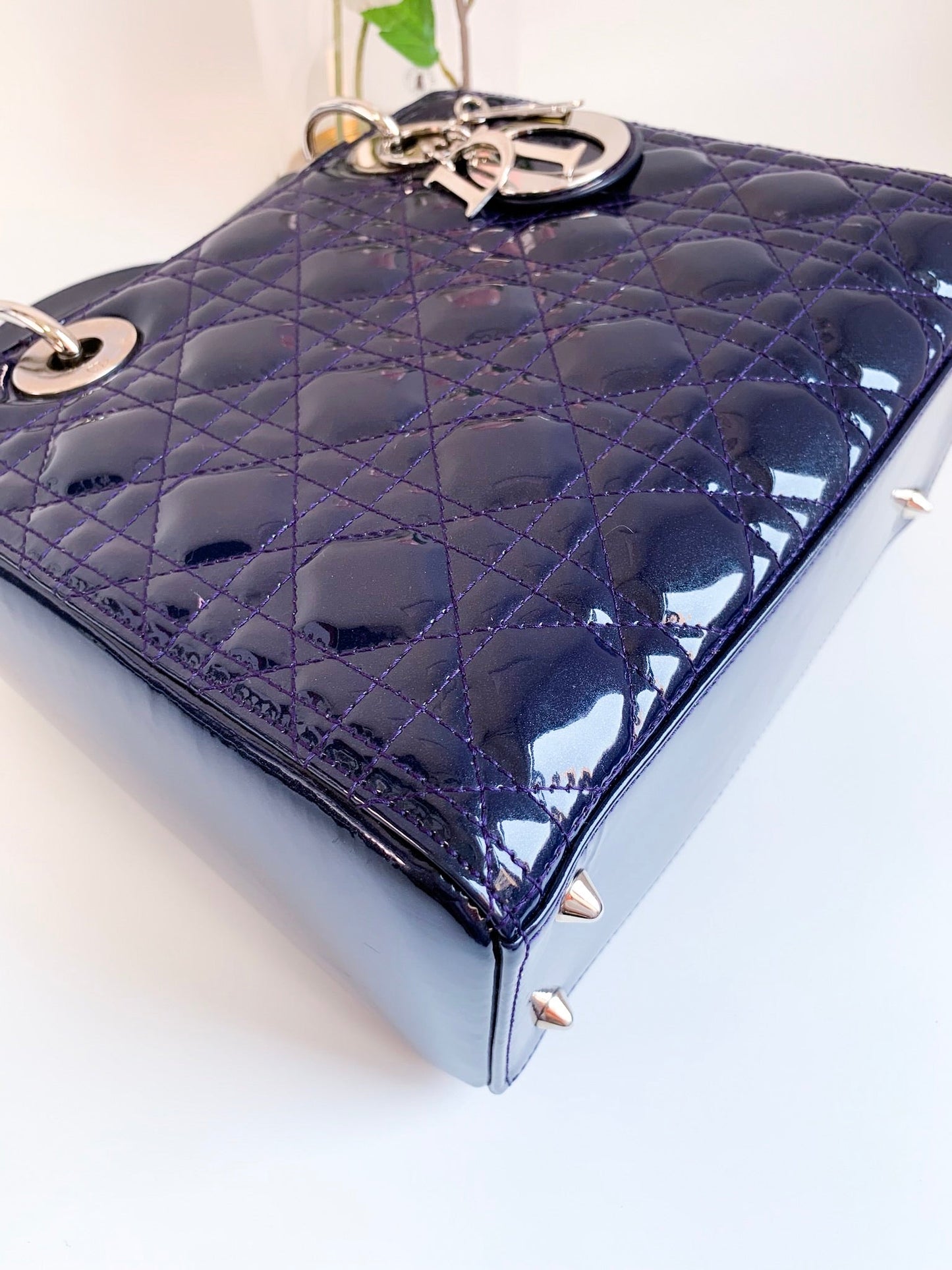 Christian Dior Patent Cannage Medium Lady Dior Navy Blue Silver Hardware