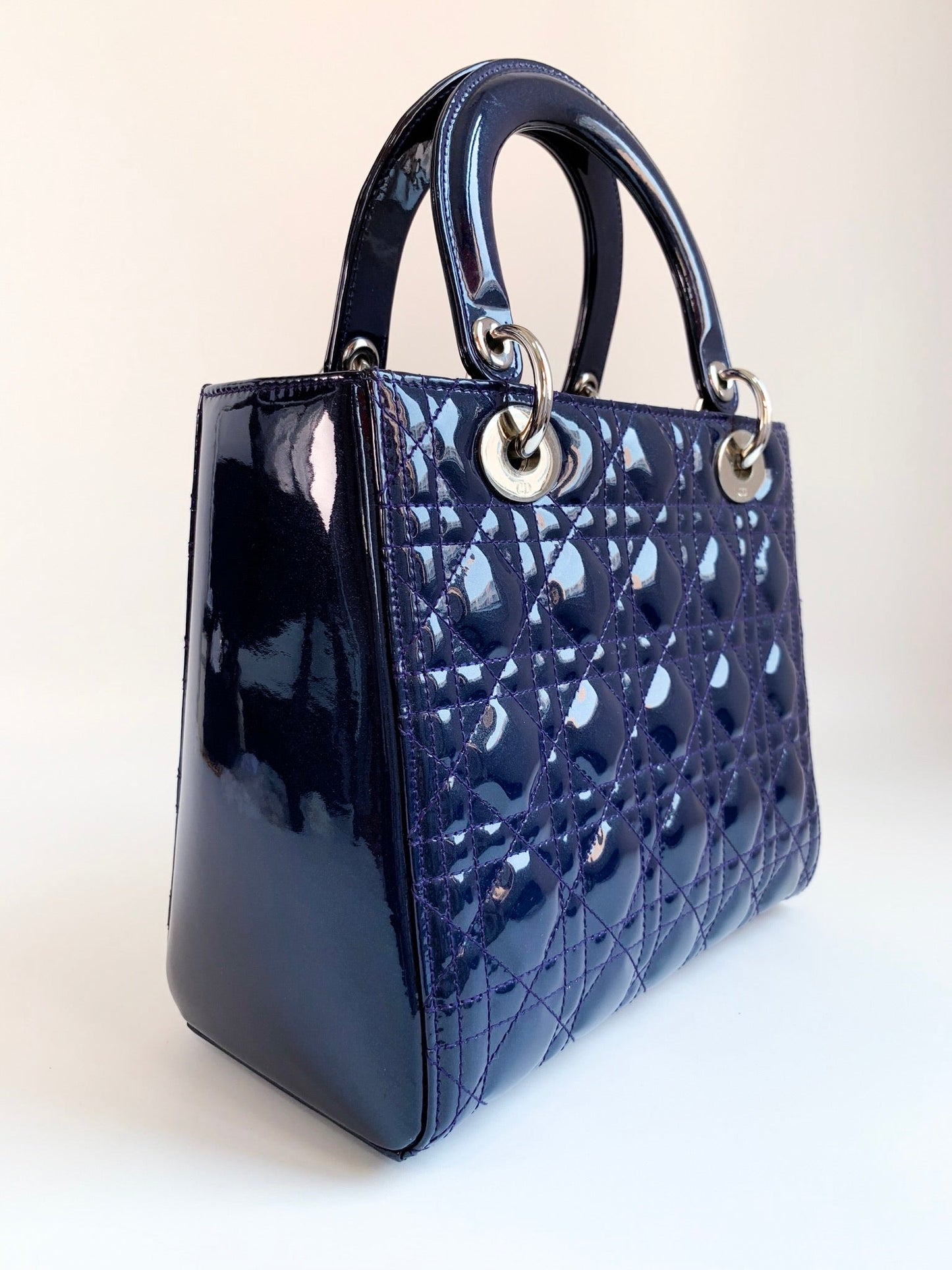 Christian Dior Patent Cannage Medium Lady Dior Navy Blue Silver Hardware