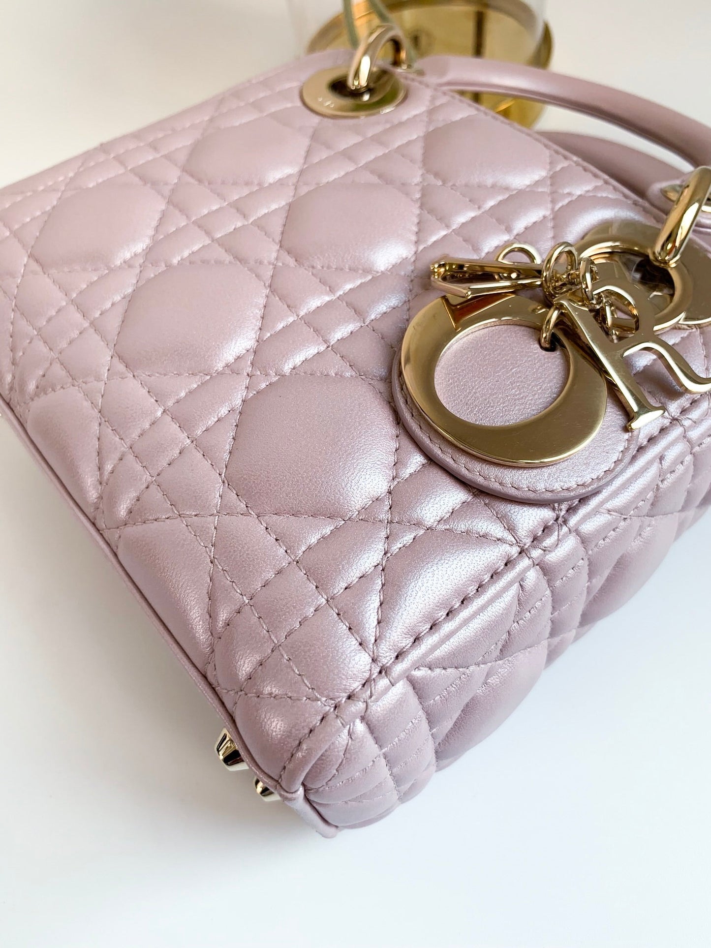 Christian Dior Metallic Calfskin Cannage Mini Lady Dior Pink