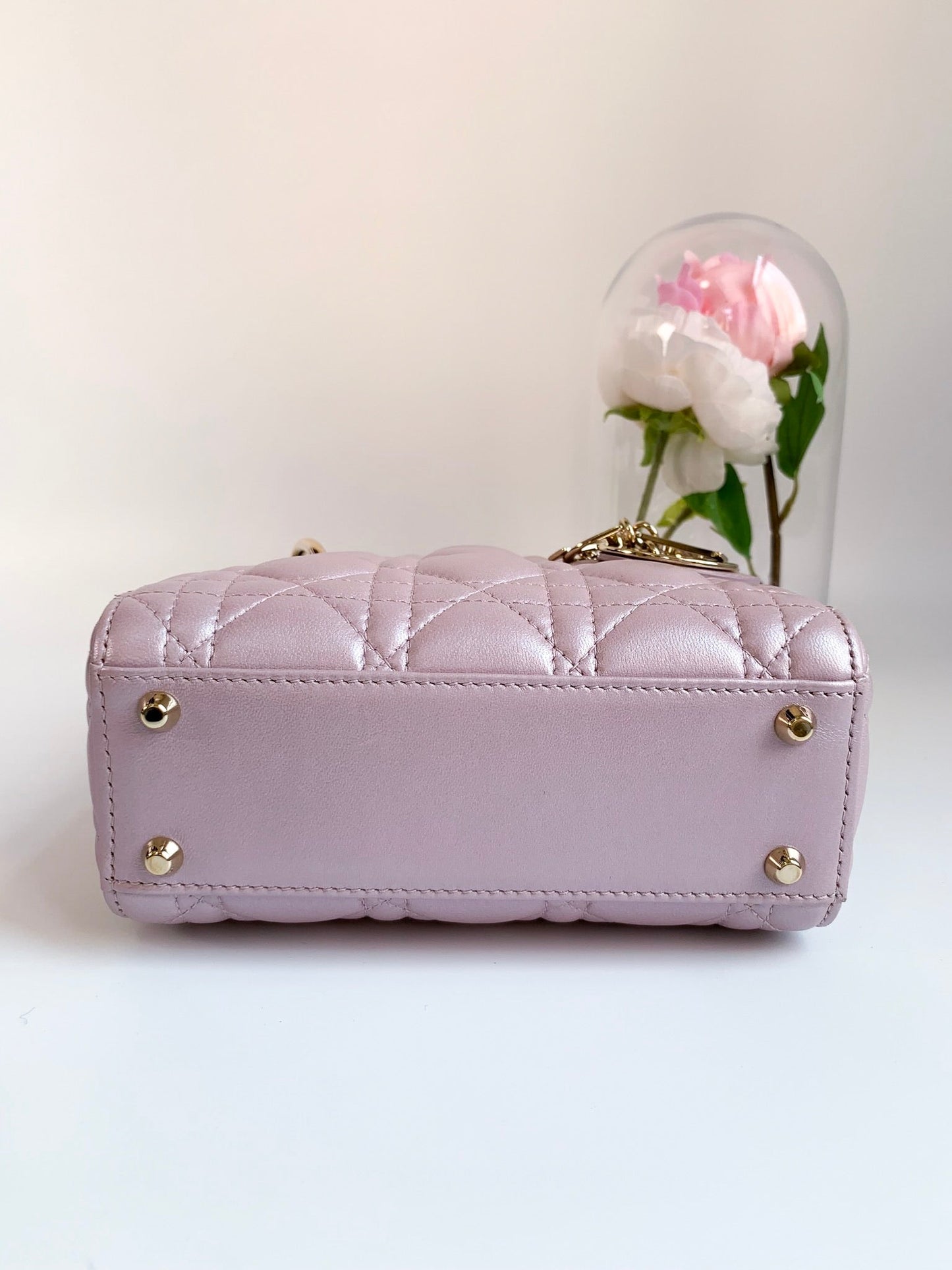 Christian Dior Metallic Calfskin Cannage Mini Lady Dior Pink