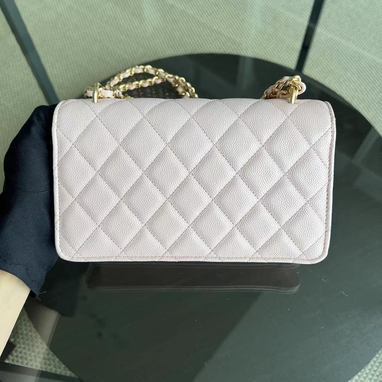 *Microchip* Chanel Caviar 23S - Wallet On Chain WOC Quilted Grained Calfskin Sakura Pink Golden Hardware