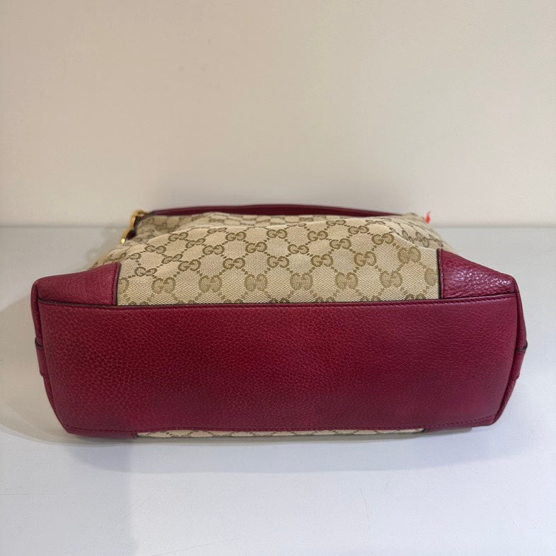 Gucci Beige GG Canvas Burgundy Leather Trim Tote Medium