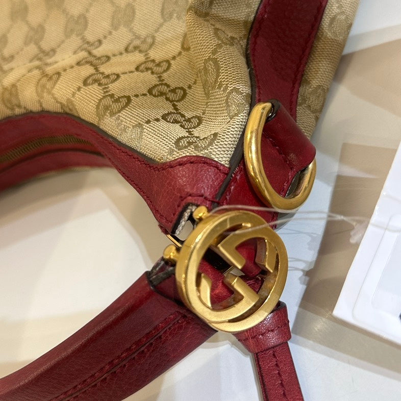 Gucci Beige GG Canvas Burgundy Leather Trim Tote Medium