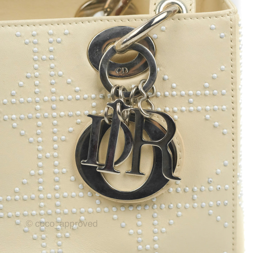 Christian Dior Lady Dior White Studded Light Beige Silver Hardware