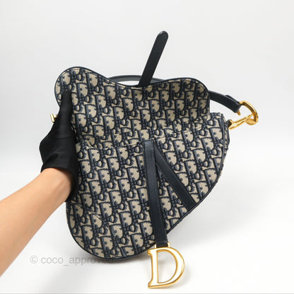 Christian Dior Saddle Bag Navy Dior Oblique Embroidery Gold Hardware