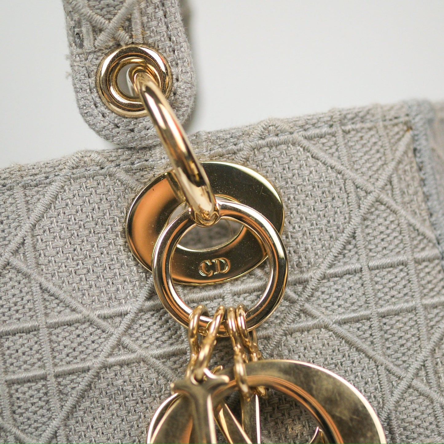 Christian Dior Medium Lady D-Lite Bag Gray Cannage Embroidery Gold Hardware