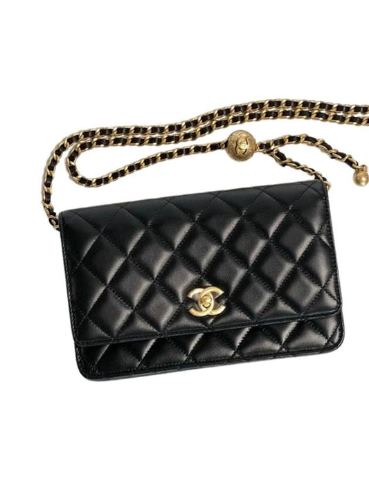 Wallet On Chain Crossbody Bag Lambskin Gold Black Chanel