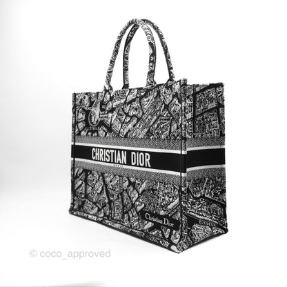 Christian Dior Large Dior Black and White Plan de Paris Embroidery Book Tote