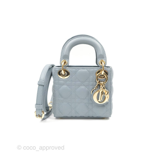 Christian Dior Micro Lady Dior Cannage Blue Grey Lambskin Gold Hardware