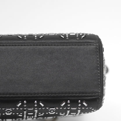 Christian Dior Mini Lady Dior Bag Black Strass Cannage Satin Silver Hardware