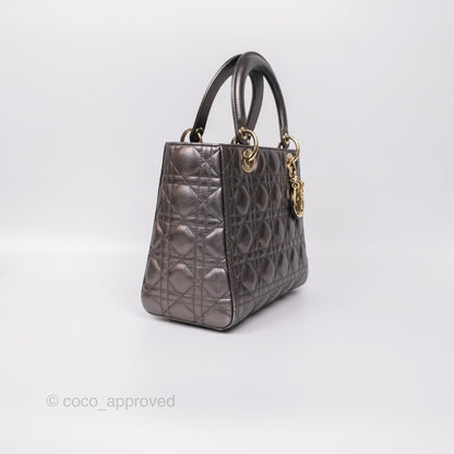 Christian Dior Medium Lady Dior Metallic Dark Grey Lambskin Gold Hardware