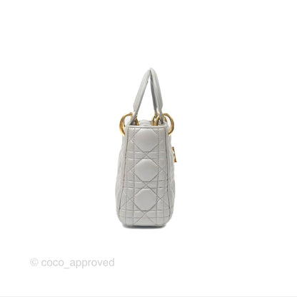 Christian Dior Mini Lady Dior Iridescent Light Grey Cannage Lambskin Gold Hardware