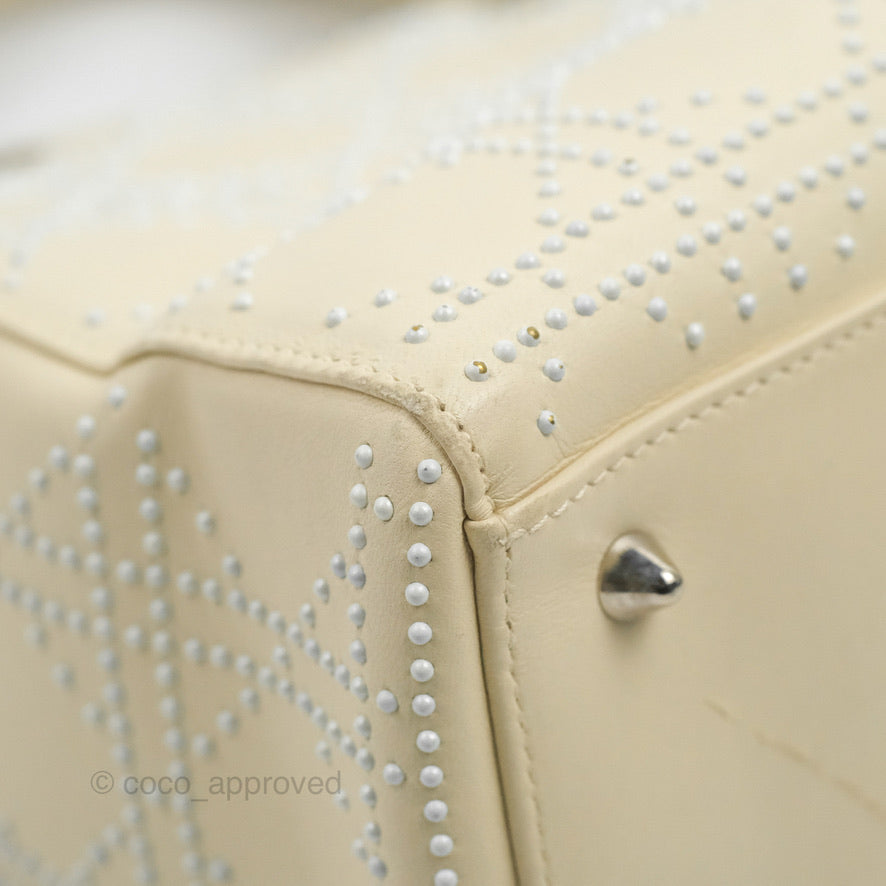 Christian Dior Lady Dior White Studded Light Beige Silver Hardware