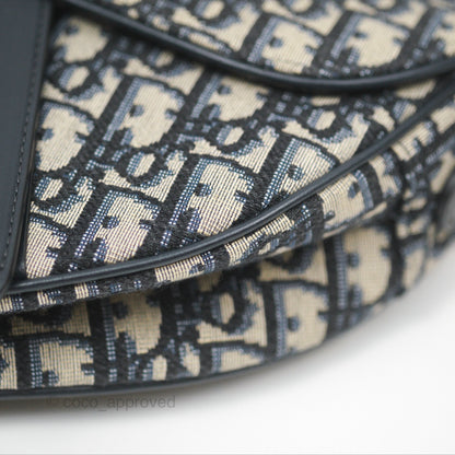 Christian Dior Saddle Bag Navy Dior Oblique Embroidery Gold Hardware