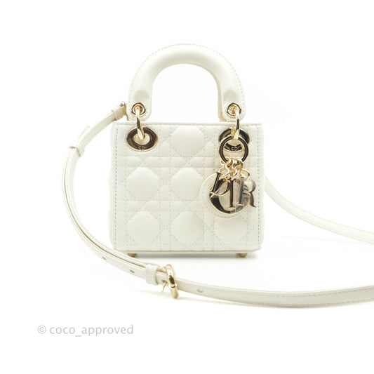 Christian Dior Micro Lady Dior Cannage Ivory White Lambskin Gold Hardware