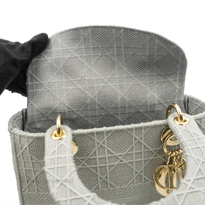 Christian Dior Medium Lady D-Lite Bag Gray Cannage Embroidery Gold Hardware