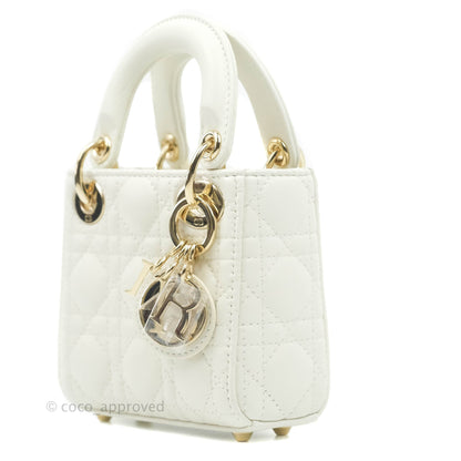 Christian Dior Micro Lady Dior Cannage Ivory White Lambskin Gold Hardware
