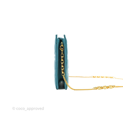 Dior Caro Zipped Pouch With Chain Azure Blue Supple Cannage Calfskin