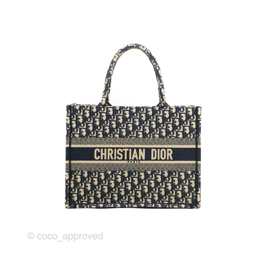 Christian Dior Medium Blue (Old Small) Dior Oblique Embroidery Canvas Book Tote