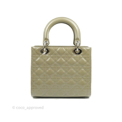 Christian Dior Medium Lady Dior Light Olive Patent Leather Silver Hardware