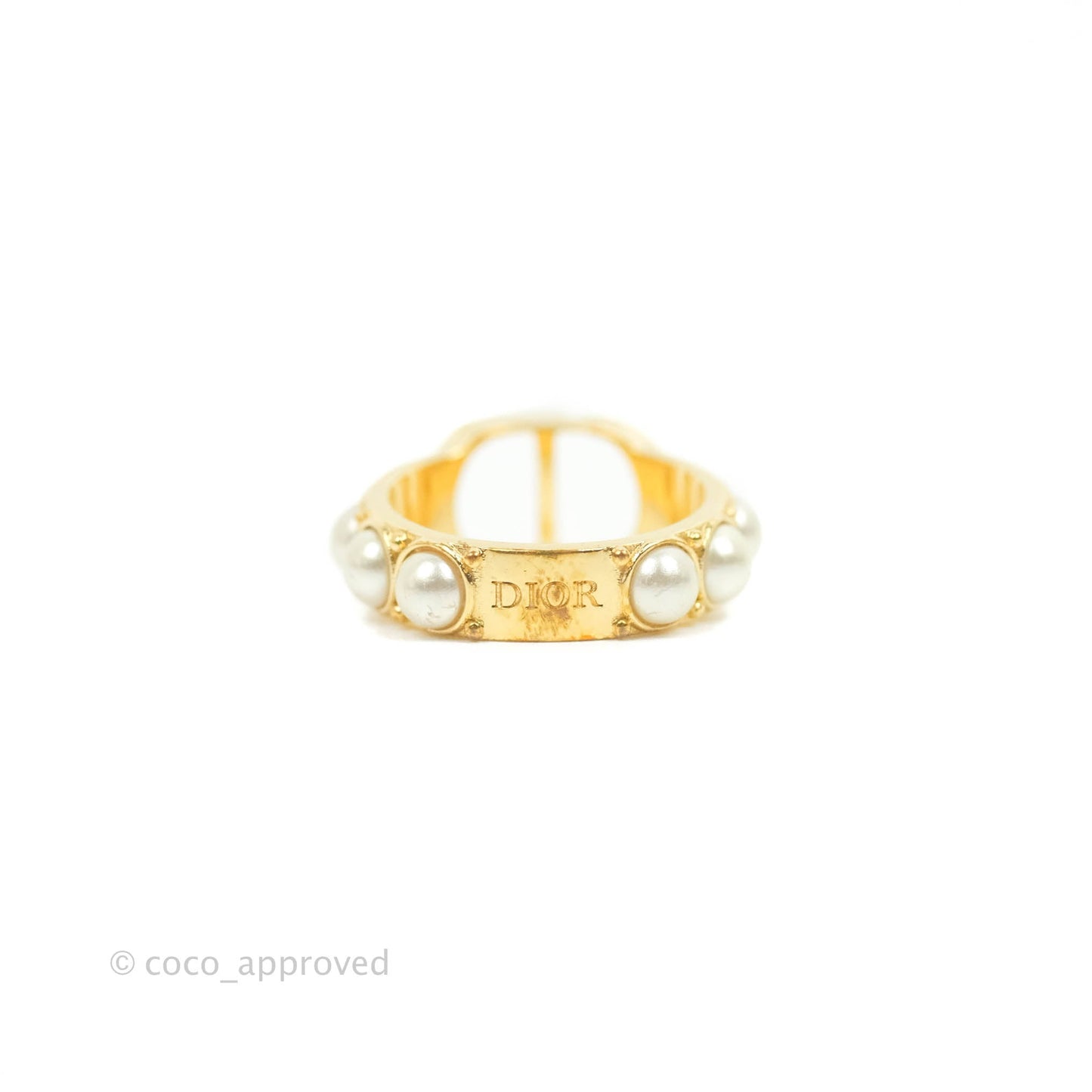 Christian Dior CD Pearl Ring Gold Tone Size S