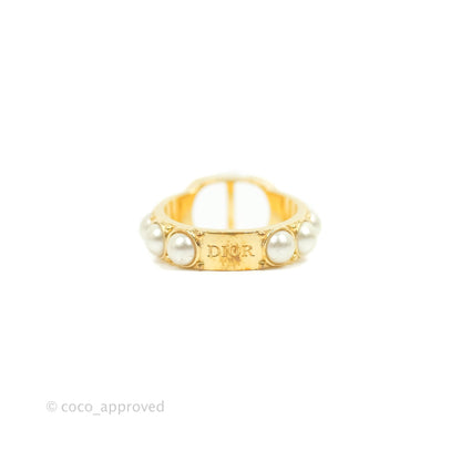 Christian Dior CD Pearl Ring Gold Tone Size S