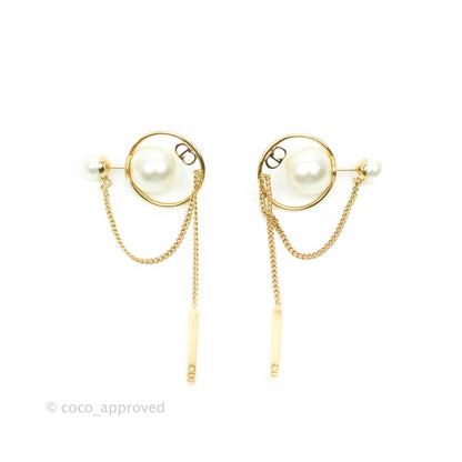 Christian Dior CD Pearl Long Drop Earrings Gold Tone
