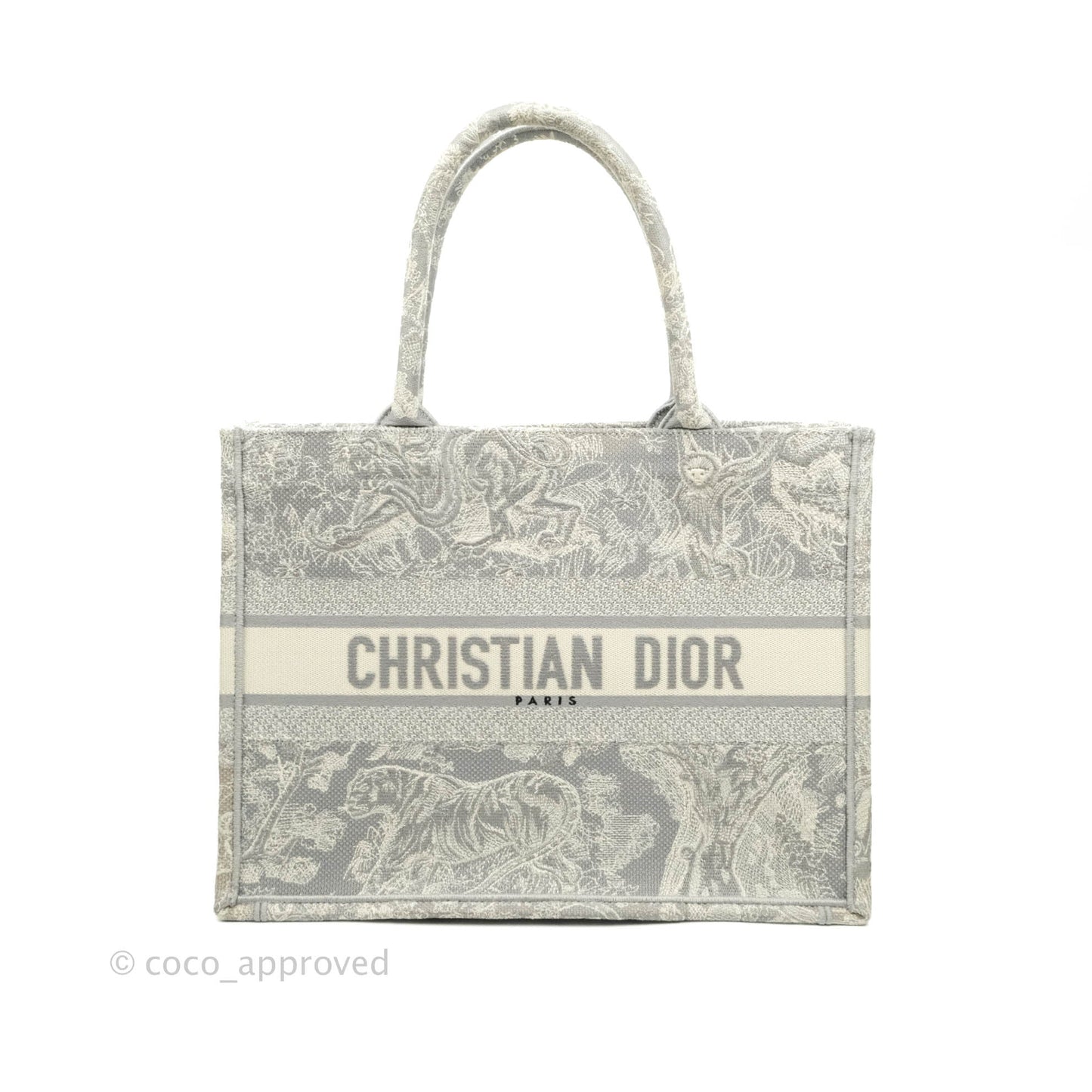 Christian Dior Medium (Old Small) Embroidered Toile De Jouy Light Grey Canvas Book Tote
