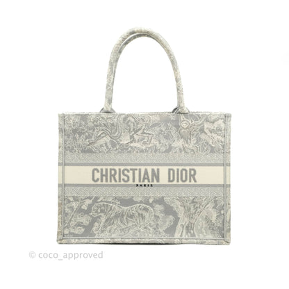 Christian Dior Medium (Old Small) Embroidered Toile De Jouy Light Grey Canvas Book Tote