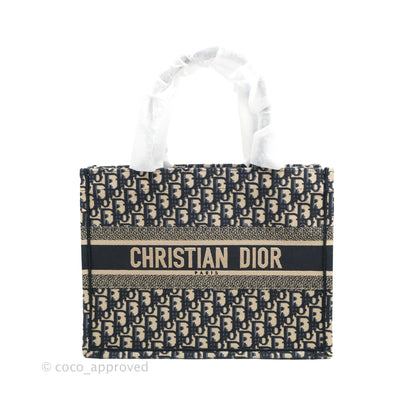 Christian Dior Medium (Old Small) Dior Navy Oblique Embroidery Canvas Book Tote