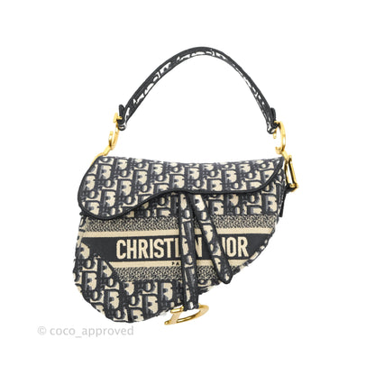 Christian Dior Navy Saddle Bag Dior Oblique Embroidery Gold Hardware