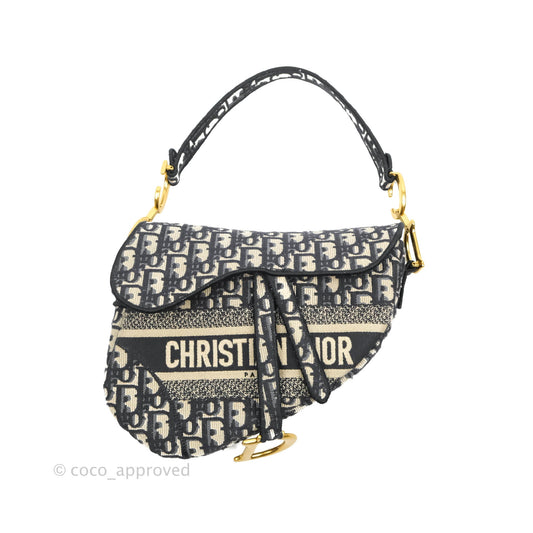 Christian Dior Navy Saddle Bag Dior Oblique Embroidery Gold Hardware