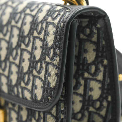 Christian Dior Oblique Small DiorAddict Flap Bag Navy Blue Aged Gold Hardware
