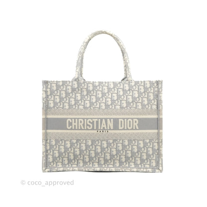 Christian Dior Medium (Old Small) Light Grey Oblique Embroidery Canvas Book Tote