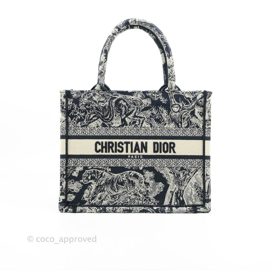 Christian Dior New Small Embroidered Toile De Jouy Navy Canvas Book Tote