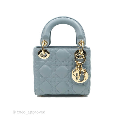 Christian Dior Micro Lady Dior Cannage Blue Grey Lambskin Gold Hardware