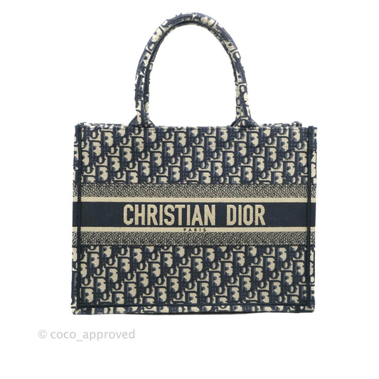 Christian Dior Medium Blue (Old Small) Dior Oblique Embroidery Canvas Book Tote
