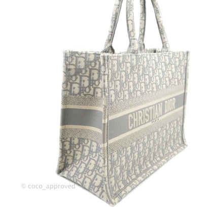 Christian Dior Medium (Old Small) Light Grey Oblique Embroidery Canvas Book Tote