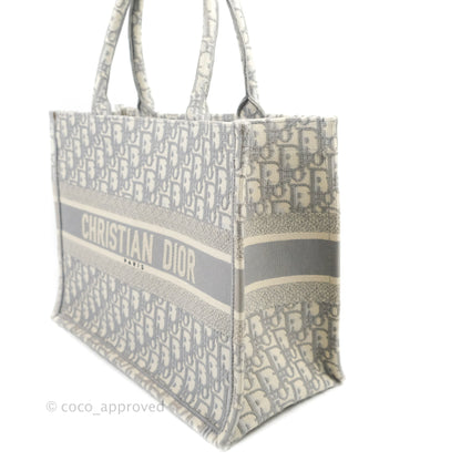 Christian Dior Medium (Old Small) Light Grey Oblique Embroidery Canvas Book Tote
