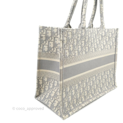 Christian Dior Medium (Old Small) Light Grey Oblique Embroidery Canvas Book Tote