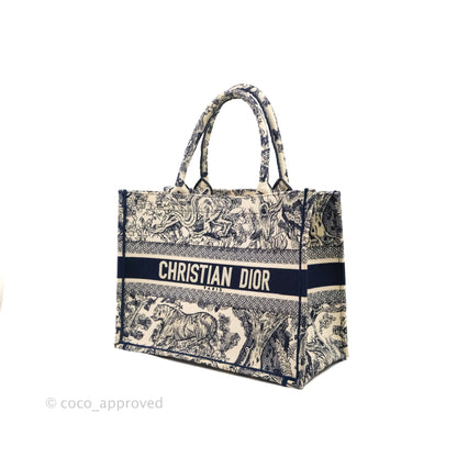 Christian Dior Medium (Old Small) Embroidered Toile De Jouy Canvas Book Tote Blue
