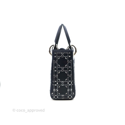 Christian Dior Mini Lady Dior Bag Black Strass Cannage Satin Silver Hardware