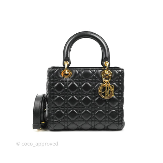 Christian Dior Medium Lady Dior Black Lambskin Gold Hardware