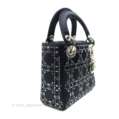 Christian Dior Mini Lady Dior Bag Black Strass Cannage Satin Silver Hardware